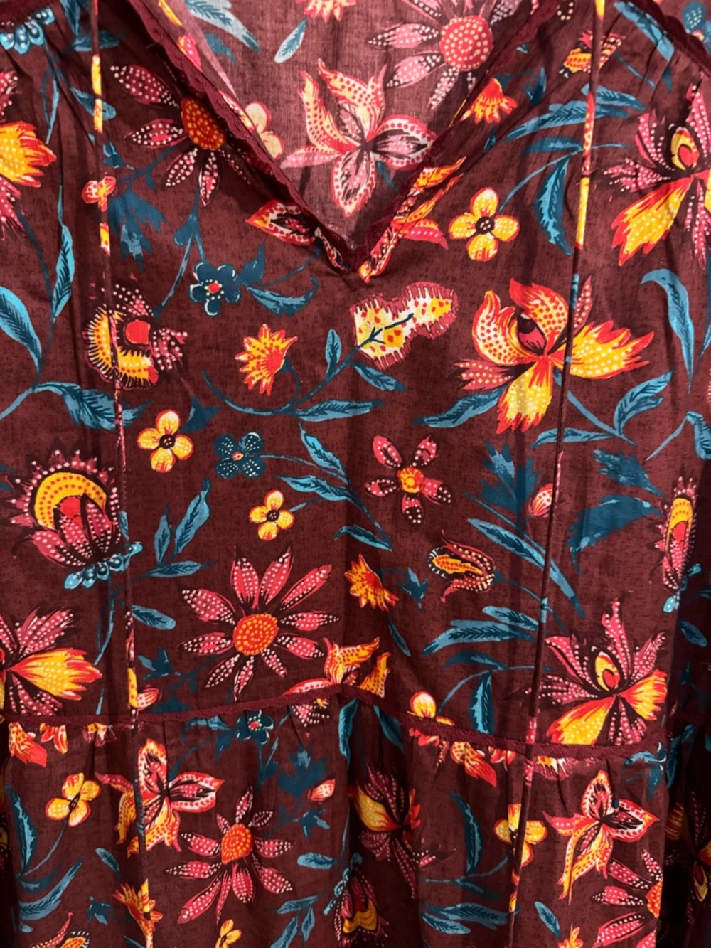 Sundance Eternal Summer dress, XL peasant, v-neck cotton red yellow floral - Picture 2 of 9